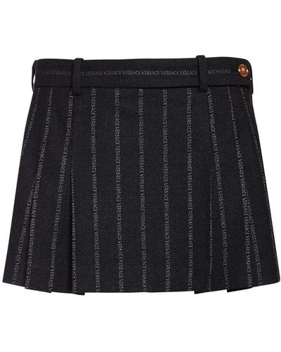 Versace Logo Pleated Pinstripe Wool Mini Skirt - Black