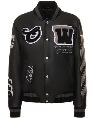 Off-White c/o Virgil Abloh Logo Patch Leather Varsity Jacket - Black