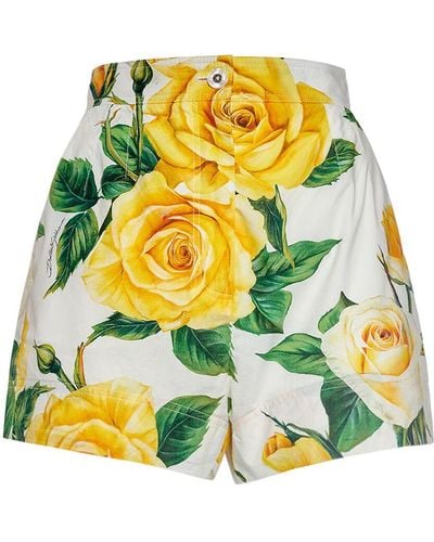 Dolce & Gabbana Cotton Poplin Rose Printed Shorts - Yellow
