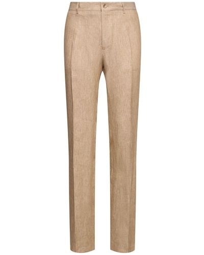 Dolce & Gabbana Flat Front Wide Leg Linen Trousers - Natural
