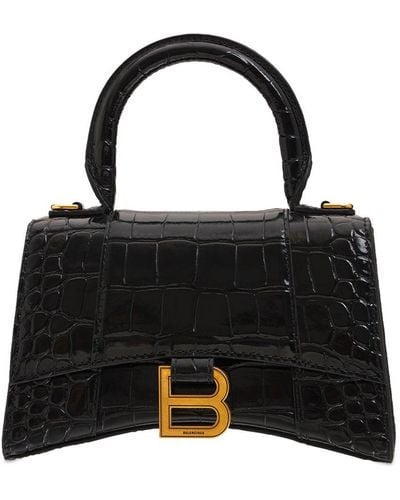 Balenciaga Xs Ledertasche Mit Krokoprägung "hourglass" - Schwarz