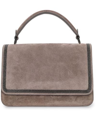 Brunello Cucinelli Soft Velour Leather Shoulder Bag - Gray