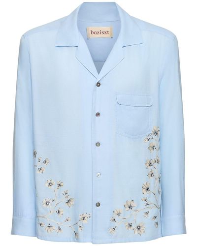 BAZISZT Flower Cotton & Rayon Shirt - Blue