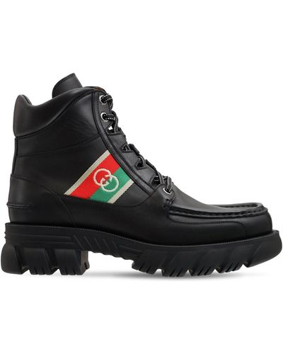 Gucci Gg Web Leather Boots - Black