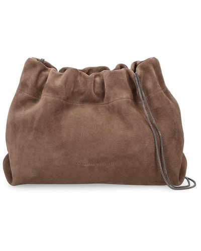 Brunello Cucinelli Soft Velour Leather Shoulder Bag - Brown