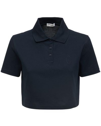 Saint Laurent Embroidered-logo Cropped Polo Shirt - Blue