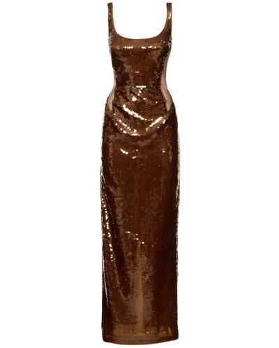Alberta Ferretti Sequined Satin Long Tank Dress - Brown