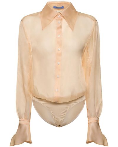 Mugler Body de seda tul transparente con manga larga - Blanco
