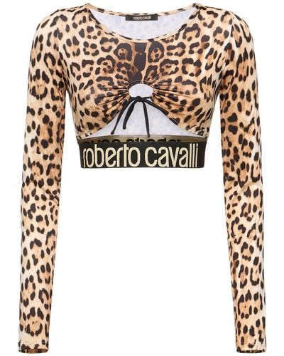 Roberto Cavalli Jaguar Printed Long Sleeve Crop Top - Multicolour