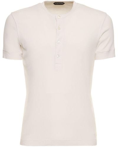 Tom Ford Geripptes Henley-t-shirt Aus Baumwolle & Lyocell - Weiß
