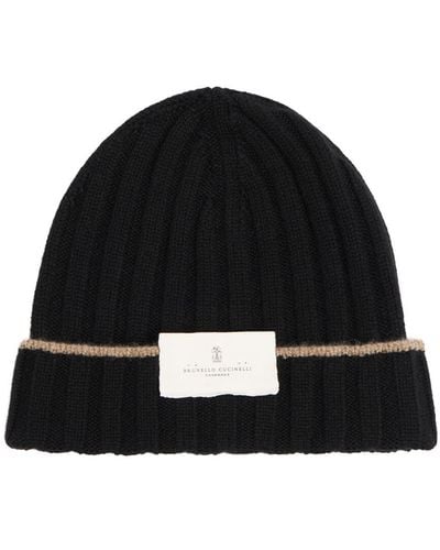 Brunello Cucinelli Cashmere Ribbed Knit Beanie Hat - Black