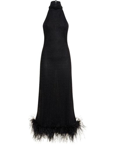 Oséree Lumière Lurex Long Dress W/ Feathers - Black