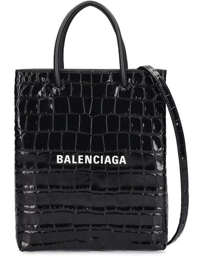 Balenciaga Croc Embossed Leather Mini Tote W/Logo - Black