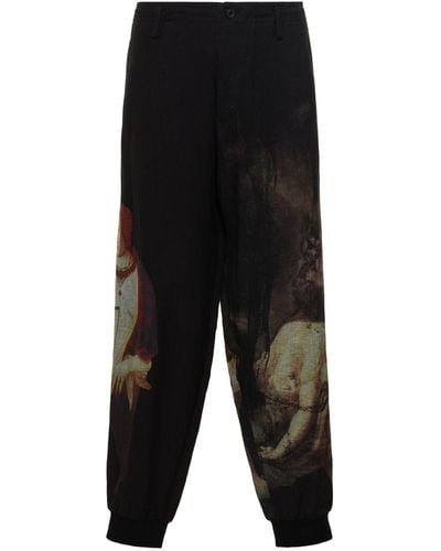 Yohji Yamamoto Pantalones de lino estampado - Negro