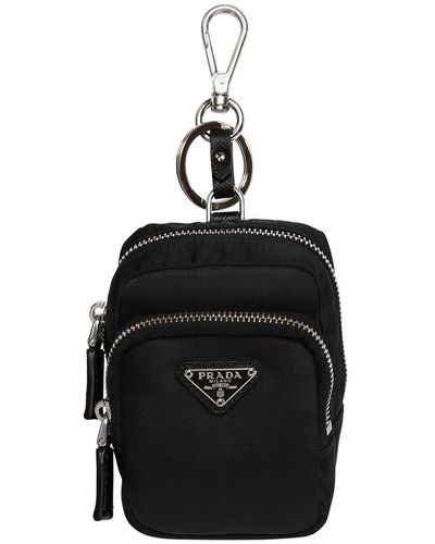 Prada Logo Nylon Key Holder W/ Leather Details - Black