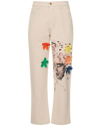 Kidsuper Face Painted Cotton & Linen Twill Pants - White
