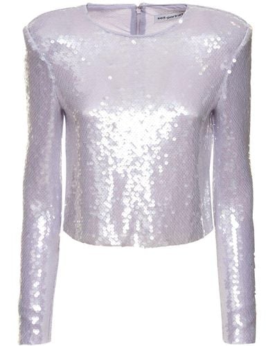 Self-Portrait Sequined Long Sleeved Top - Blue