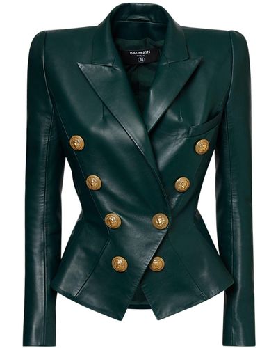 Balmain Double Breasted Leather Blazer - Green