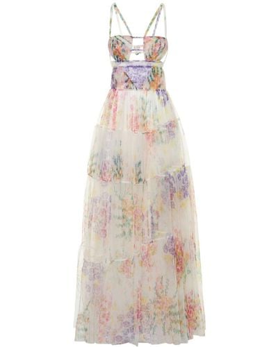 Sandra Mansour Prairie Print Tulle Cutout Midi Dress - Multicolour