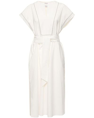Brunello Cucinelli Belted Cotton Poplin Midi Dress - White