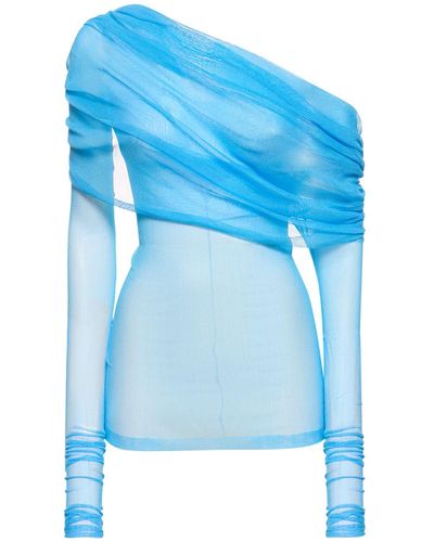 Christopher Esber Veiled Silk One Shoulder L/S Top - Blue