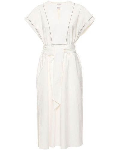 Brunello Cucinelli Belted Cotton Poplin Midi Dress - White