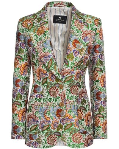 Etro Single Breasted Jacquard Fitted Jacket - Green