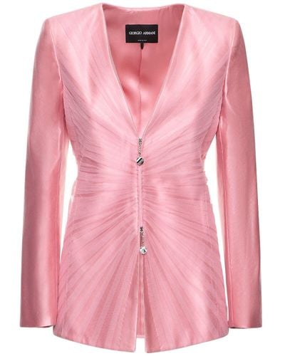 Giorgio Armani V-Neck Silk Zip Blazer - Pink