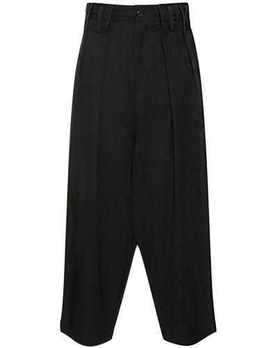 Yohji Yamamoto Pantalon ample en gabardine de laine froncée - Noir