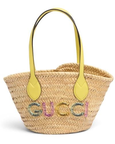 Gucci Mini Raffia Tote Bag W/ Logo - Metallic