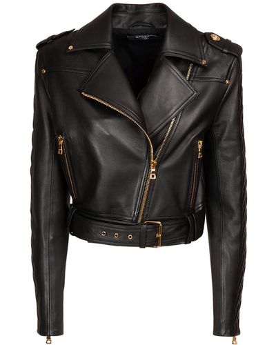 Balmain Chain Quilted Crop Leather Biker Jacket - Black