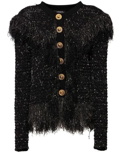 Balmain Glittered Fringed Tweed Jacket - Black