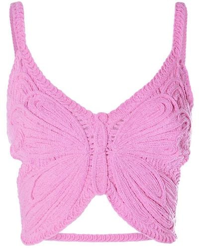 Blumarine Butterfly Cotton Blend Knit Crop Top - Pink
