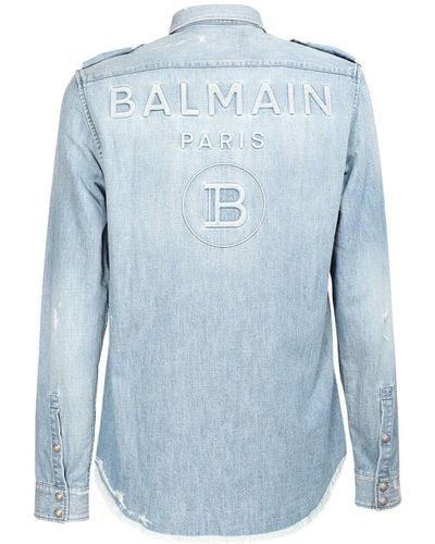 Balmain Logo Embossed Distressed Denim Shirt - Blue