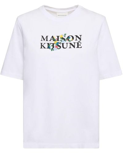 Maison Kitsuné Flower Logo Printed Cotton T-Shirt - White