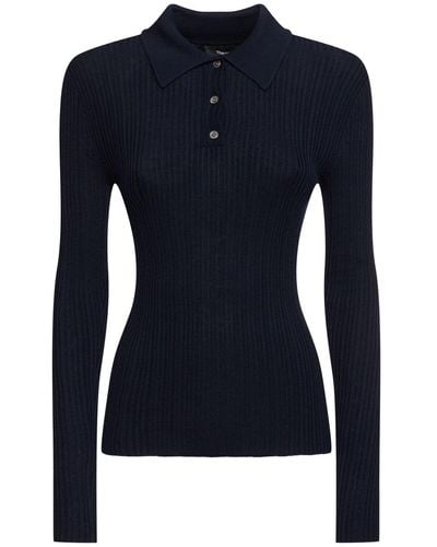 Theory Ribbed Viscose Blend Polo Top - Blue
