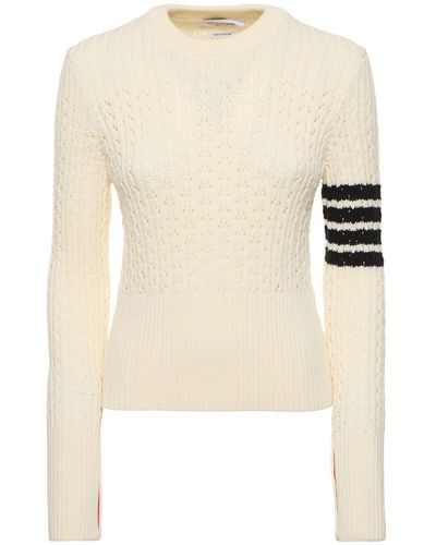 Thom Browne Wool Rib Knit Crewneck Sweater - Natural