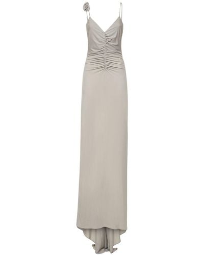 Magda Butrym Ruched Jersey Long Slip Dress W/Roses - White