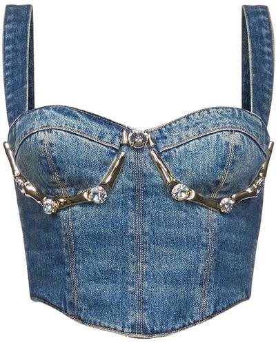 Area Embellished Claw Cup Denim Bustier - Blue