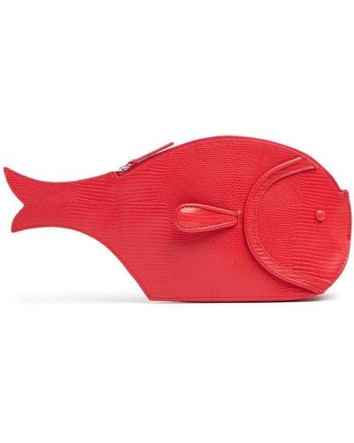 STAUD Pesce Embossed Leather Clutch - Red