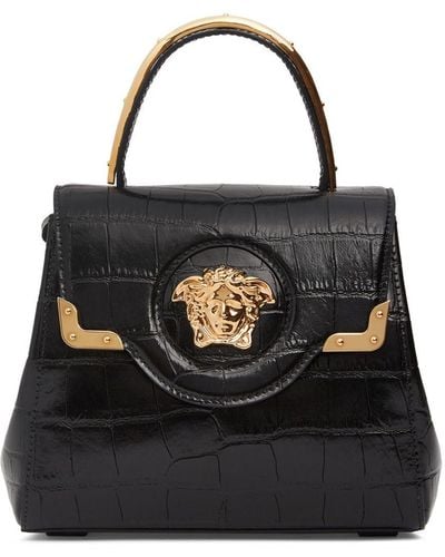 Versace Croc Embossed Leather Top Handle Bag - Black