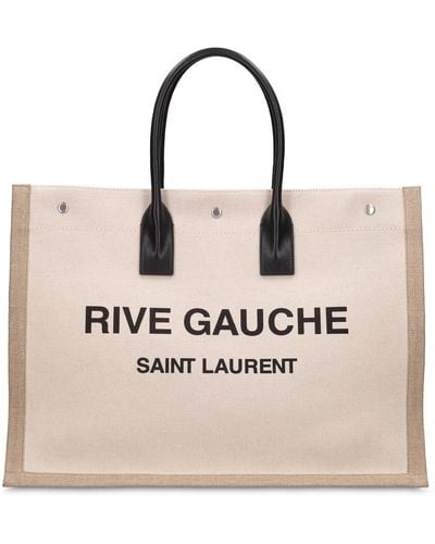 Saint Laurent Sac Cabas En Cuir Et Toile Imprimé Rive Gauche - Neutre