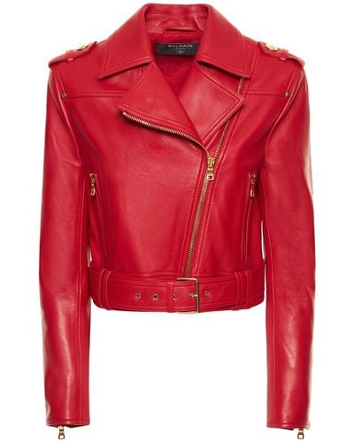 Balmain Cropped Leather Biker Jacket - Red