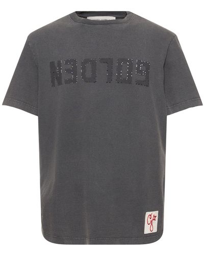 Golden Goose T-shirt in jersey di cotone distressed con logo - Nero