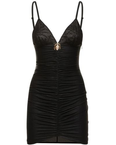 Alessandra Rich Laminated Jersey Slip Mini Dress W/Lace - Black