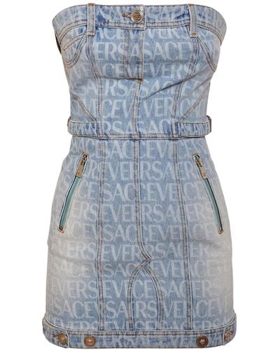 Versace Logo Printed Denim Mini Dress - Blue