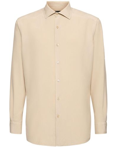 ZEGNA Solid Silk Long Sleeve Shirt - Natural