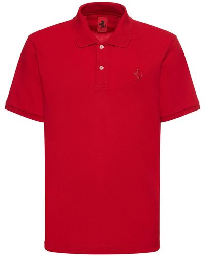 Ferrari Logo Embroidery Cotton Piquet Polo - Red