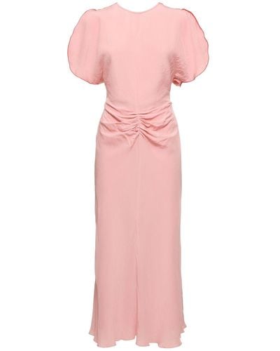 Victoria Beckham Gathered Waist Viscose Midi Dress - Pink