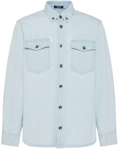 Versace Hemd Aus Auseblichenem Baumwolldenim - Blau